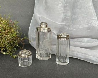 Antique Edwardian Glass Jar Vanity Set with Sterling Silver Lids