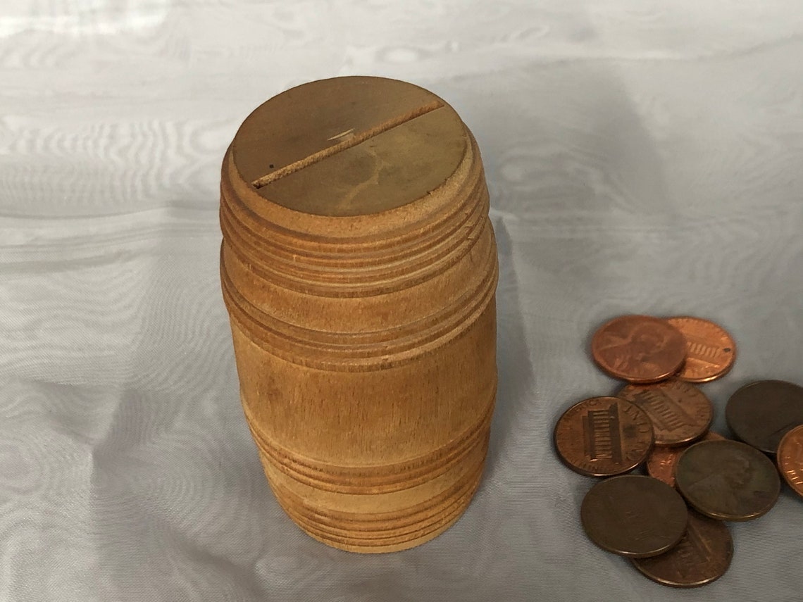 Vintage Wooden Barrel Coin Bank Turned Wood Box Decor Etsy