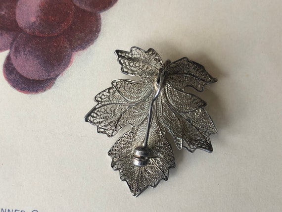 Vintage Sterling Silver Filigree Grape Leaf Brooc… - image 6