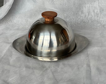 Vintage Denmark Stainless Steel Dome Cover Serving Tray, Modern Metal Covered Cheese Serving Dish with Inset Trivet