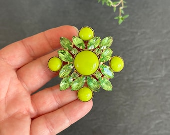 Green Cabochon and Rhinestone Brooch Pin, Vintage 1960s Costume Jewelry