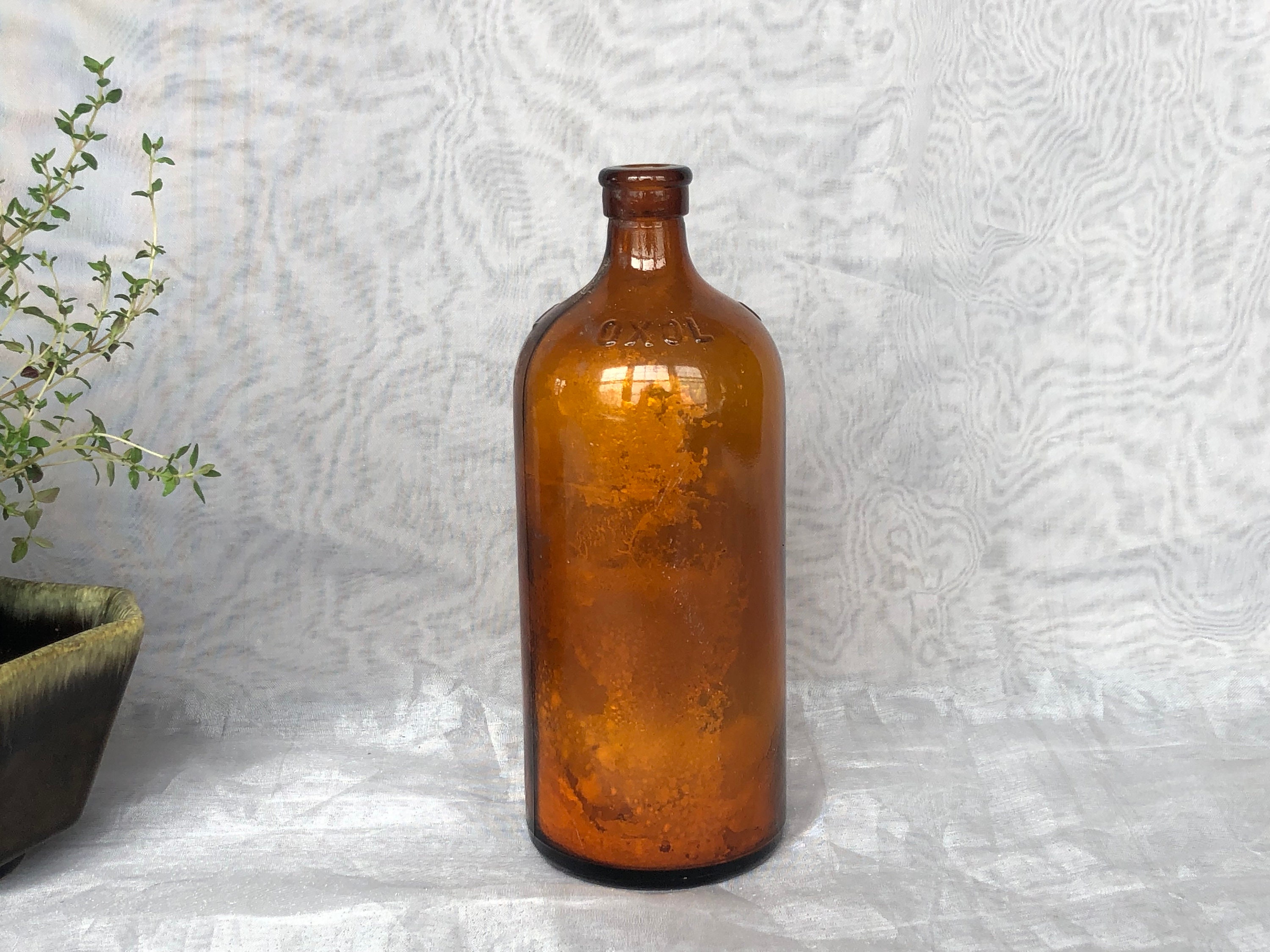 Vintage Oxol Bottle, Embossed Brown Amber Glass Bottle for Home Decor  Accent 