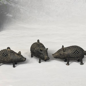 Antique Bronze Dhokra Pig Boar Figurines, India Lost Wax Method Miniature Animal Sculpture Figures image 9