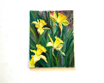 Vintage Daffodil Flower Original Oil Painting on Canvas for Home Wall Hanging Decor