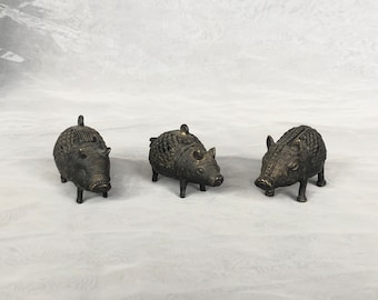 Antique Bronze Dhokra Pig Boar Figurines, India Lost Wax Method Miniature Animal Sculpture Figures