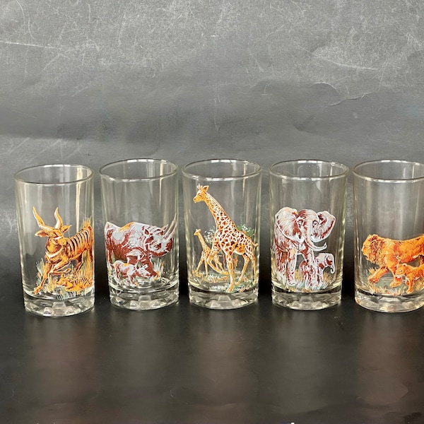 Vintage Safari Barware Glasses Wild Animal Glassware Set of 5