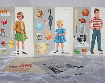 Vintage Cut Out Paper Doll Figures Educational Learning Aid for Dick Jane and Sally Reading Books, Vintage School Classroom Decor