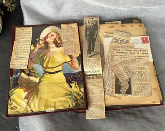 Vintage 1930s Scrapbook Filled with Ephemera, Pictures, Newspaper Clippings, Crime, Politics, Comics