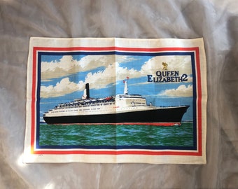 Vintage Irish Linen Tea Towel Queen Elizabeth 2 Cunard Ocean Liner Souvenir, Decorative Nautical Kitchen Towel Decor