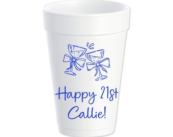 Champagne Cheers Custom Styrofoam Cups, Any Age Birthday, Party Cups, Bows, Personalized