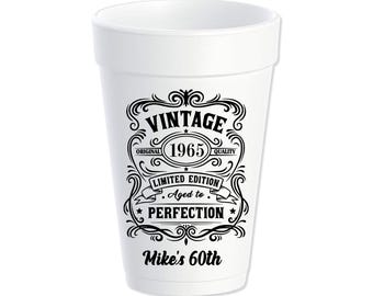 Aged to Perfection Vintage Styrofoam Cups, 50th 60th Birthday Party Cups, Personalized Foam