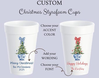 Chinoiserie Christmas Tree Custom Styrofoam Cups, Grandmillennial, Oriental, Holiday Party, Personalized Foam Cups