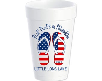 250th Flip Flops & Freedom Custom Styrofoam Cups, USA, America, Beach, July 4th Personalized Foam Cups