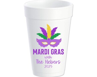 Mardi Gras Custom Styrofoam Cups, Mask, Purple Green Gold, Personalized Foam Cups