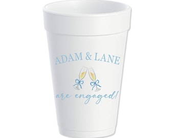 Engagement Party Custom Styrofoam Cups, Champagne Toast, Bows, Engaged, ANY COLOR, Personalized