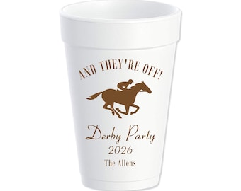 And They're Off Custom Styrofoam Cups, Horse Race, Derby Party, Personalized Foam Cups