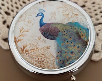 Peacock Pill Box: Decorative Vitamin Case, Purse Pocket Size