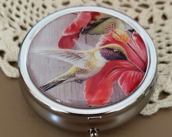 Hummingbird Pill Box, Floral Travel Pill Case, Mom Gift