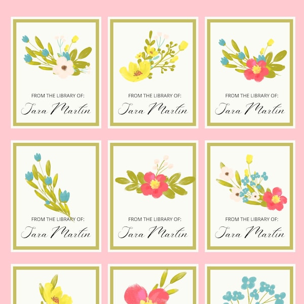 Personalized Bookplate Stickers;  Custom Book Labels; Flowers