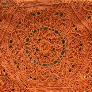 Puede incluir: Primer plano de una manta de ganchillo hecha a mano, de color óxido. La manta presenta un diseño circular central con intrincados patrones florales y un motivo hexagonal repetitivo. La textura es detallada, mostrando las puntadas individuales del hilo.