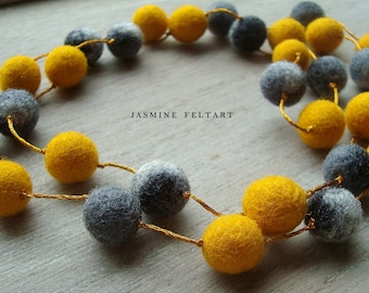 Yellow and Gray Statement Necklace, Felt Necklace, Wool Jewelry, Colorful Jewelry, Eco Jewelry, Felt Balls, Textile Jewelry