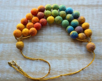 Rainbow Woolen Splendor Necklace, Felt Necklace, Wool Jewelry, Eco-friendly Jewelry, Textile Jewelry, Colorful Necklace