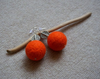 Vivid Orange Earrings, Orange Jewelry, Orange Earrings, Felt Balls, Wool Jewelry, Eco Jewelry