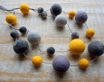 Yellow and Gray Statement Necklace, Felt Necklace, Wool Jewelry, Colorful Jewelry, Eco Jewelry, Felt Balls, Textile Jewelry