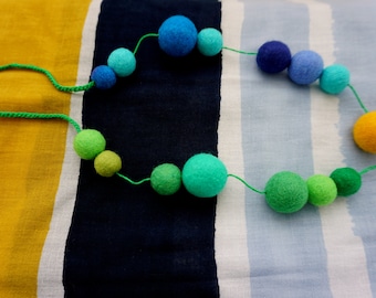Verde Azzurro Statement Necklace, Green, Blue, Colorful, Multicolored Necklace, Felt Jewelry, Felt Balls, Eco Jewelry