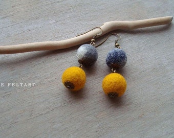 Yellow and Gray Earrings, Wool Earrings, Felt Earrings, Felted Earrings, Colorful, Wool Jewelry