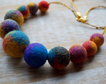 Colorful, Tropical, Felt Necklace, Felted Jewelry, Wool Necklace, Multicolored, Yellow, Turquoise, Red, Mauve, Felt balls