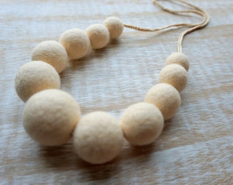 Ivory Statement Necklace, Felt Necklace, Navy Blue, Wool Jewelry, Felted Balls