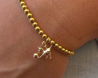 Gold Beaded Cat Bracelet, 14k Gold Plated Charm