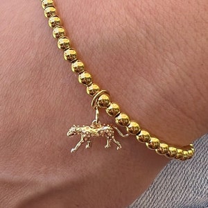 Charm Bracelet, Gift for her, Birthday Gift, gold bracelet, stretch bracelet, snow leopard, cheetah bracelet, leopard bracelet, gold beaded