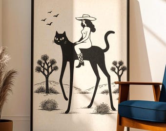 Cat Wall Art, Western Cowgirl poster, Joshua Tree, Modern minimalist folk art, Boho, trendy wall art Woman Line Art, Living room and bedroom