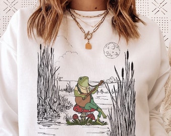 Frog sweatshirt, Frog Shirt, cottagecore shirt, frog and toad shirt, mushroom shirt, frog gifts, goblincore shirt, cottage core shirt, cute