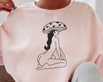 Sudadera de cuello redondo Mushroom Girl, camiseta botánica estética