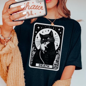 Camiseta de cartas del tarot, camiseta de gato negro, camiseta de tarot de gato, tarot de la muerte, camiseta de Halloween, sudadera de Halloween, camiseta de gato, gótica, camiseta de tarot