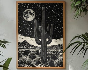 Saguaro Cactus Art Print: Southwest Desert Nightscape (Digital Print Available)
