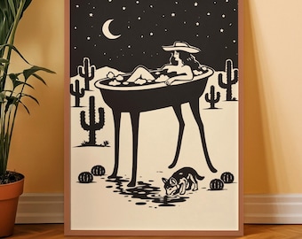 Cowgirl in bathtub wall art, Bathroom wall art, western decor, trendy wall art, desert art, quirky, minimalist folk, printable wall art
