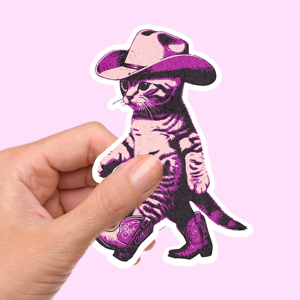 Cowboy Cat Glossy Sticker, Funny Laptop Decal