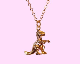 Gold Dinosaur Necklace, 14k Gold Filled Chain, T-Rex Pendant