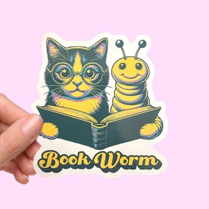 Book Sticker, book worm sticker, cat sticker, bookish, cute stickers, book gifts, laptop sticker cat, water bottle sticker, journal stickers