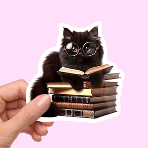 Black cat sticker, reading sticker, Cat Sticker, bookish stickers, computer stickers, booktok stickers, laptop stickers, cute stickers