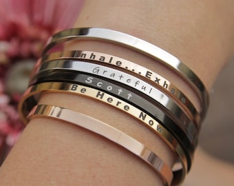 Mantra Bracelet, Personalized Cuff Bracelet, Custom Coordinates, GPS Bracelet, Stacking Bracelets, Engraved Cuff, Gold Cuff, Name Bracelet