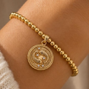 Zodiac bracelet, gemini gifts, charm bracelet gold, constellation, birthday gift for her, cancer gift, pisces gift, scorpio gifts, virgo zodiac charm on beaded bracelet
