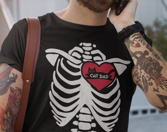 猫パパのスケルトンハートTシャツ、猫好きへのギフト