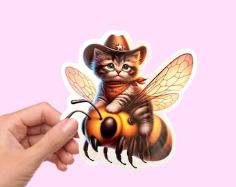 Sticker abeille équitation chat cowboy, sticker rigolo brillant pour ordinateur portable