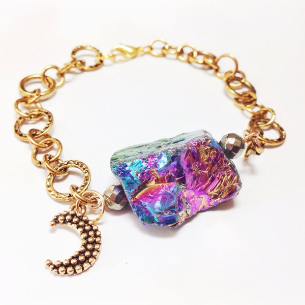 Bracelet en morceau arc-en-ciel aura quartz. Bracelet en cristal brut.