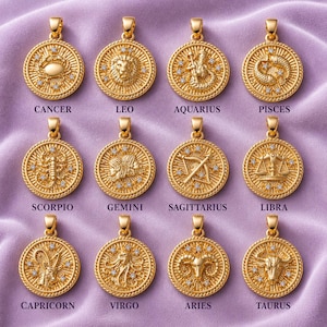 May include: Gold-colored zodiac pendant necklaces. Each round pendant features a different zodiac symbol, such as a crab for Cancer or a lion for Leo, and is accented with small, clear gemstones. The names of the zodiac signs are printed below each pendant.